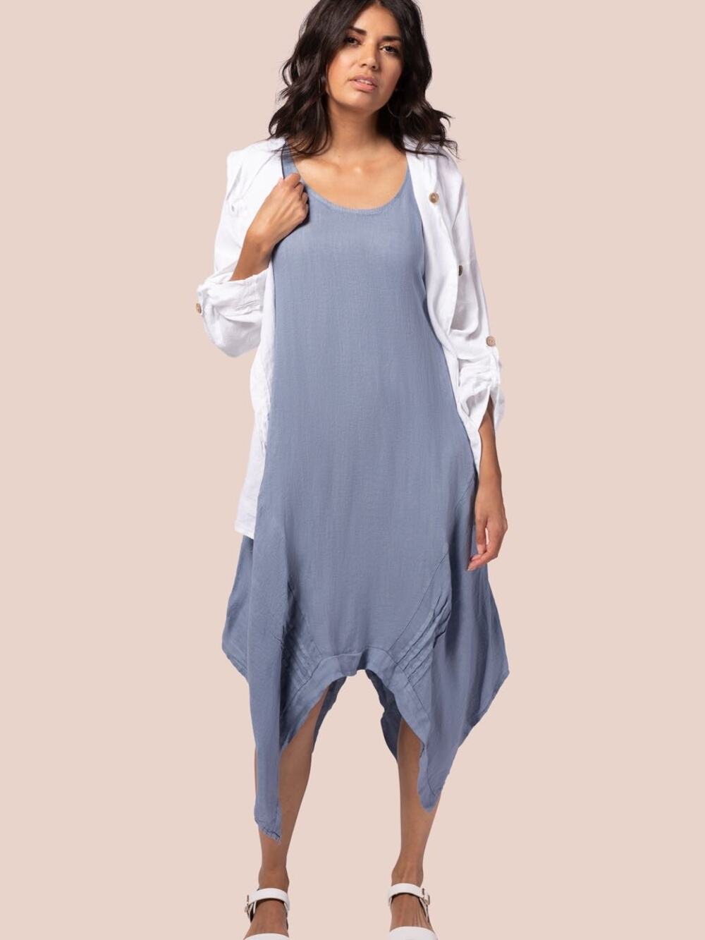 Made in Italy Linen Slate Blue Asymmetrical Midi Dress S Lagenlook Minimalist - Picture 1 of 9